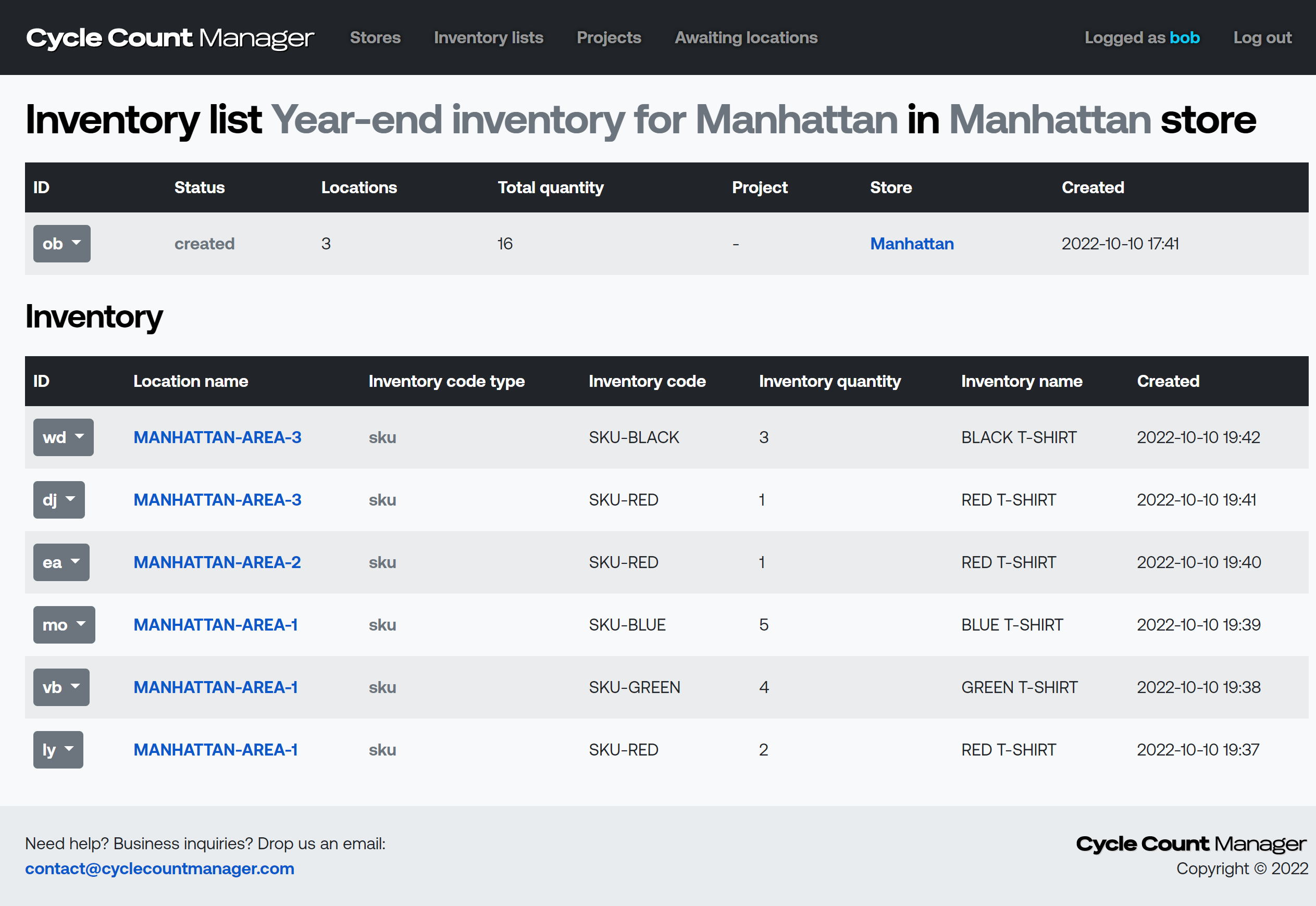 inventory list overview screen